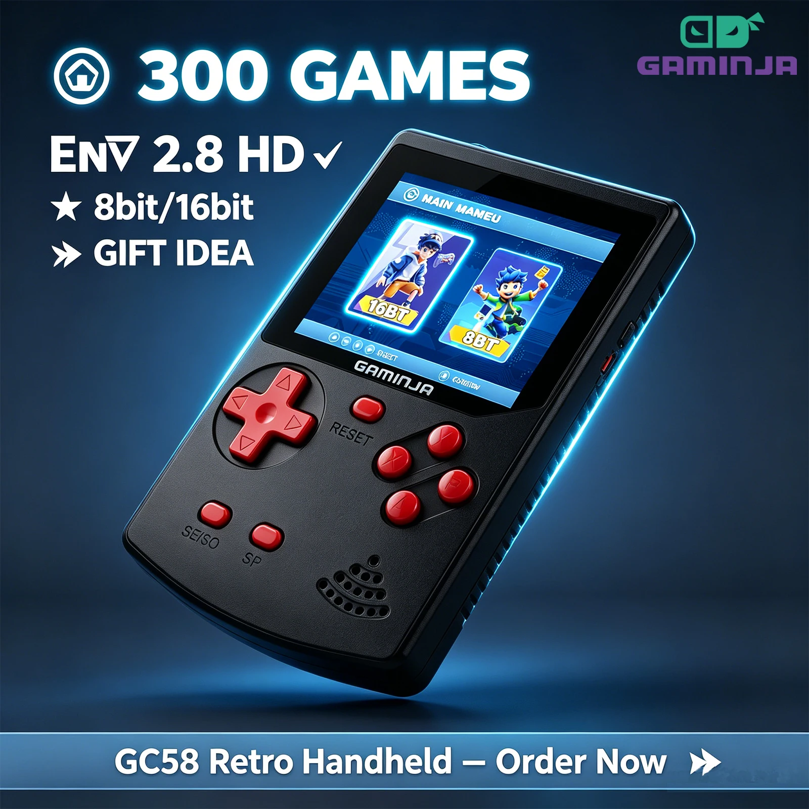 Retro Gaming Kiosk - GAMINJA Handheld Game Console 300 Classic